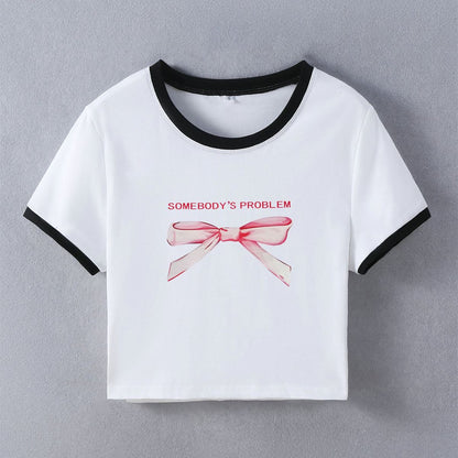 Camiseta corta de manga corta con cuello redondo y estampado de lazo informal de verano para mujer