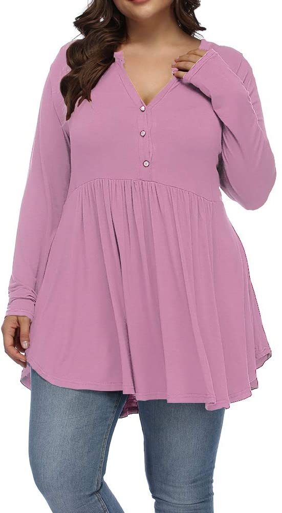 Camiseta informal de manga larga plisada con botones y escote en V de color liso para mujer, talla grande