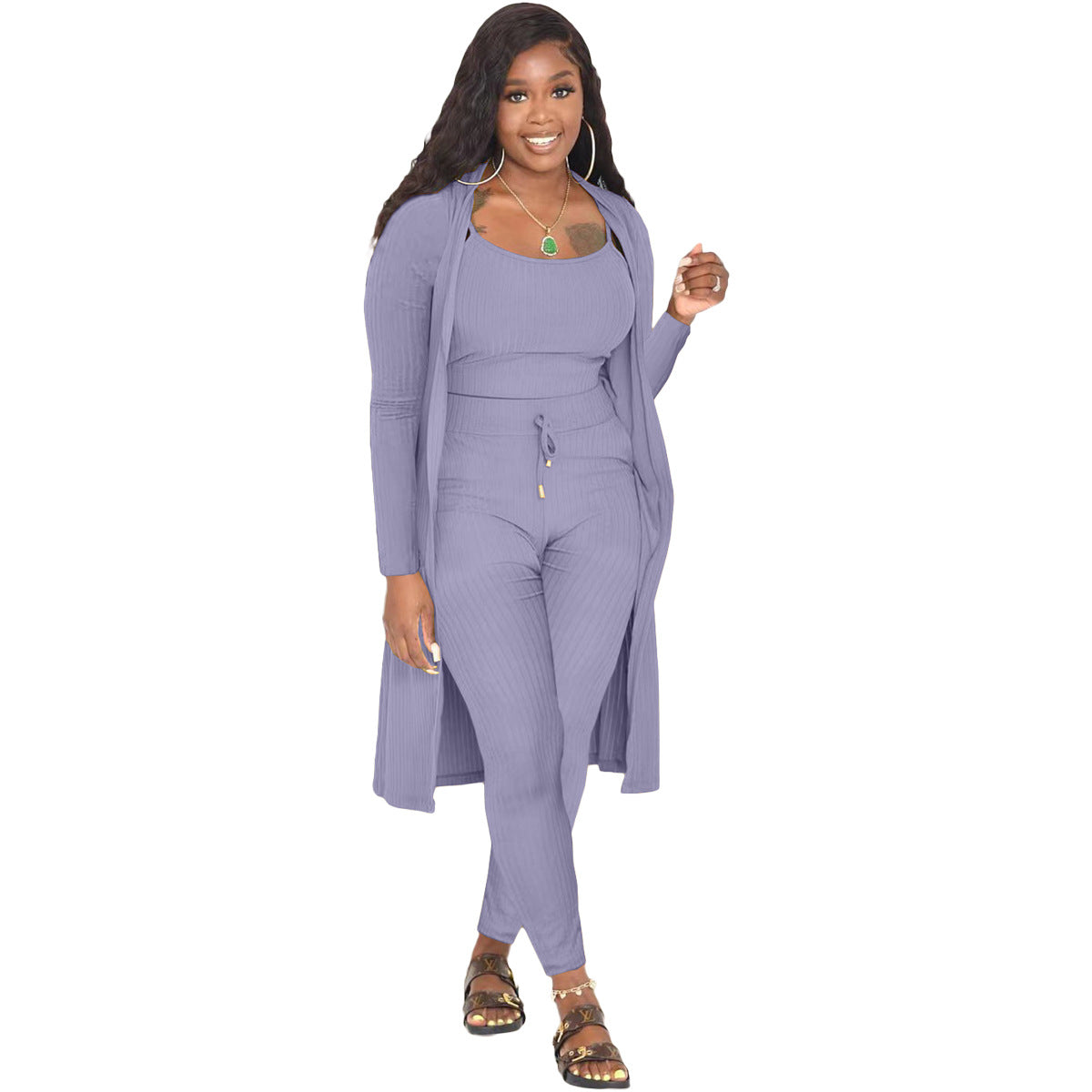 Fashion Women Casual Solid Color Rib-Knit Cardigan Camis And Skinny Pants Three Piece Set