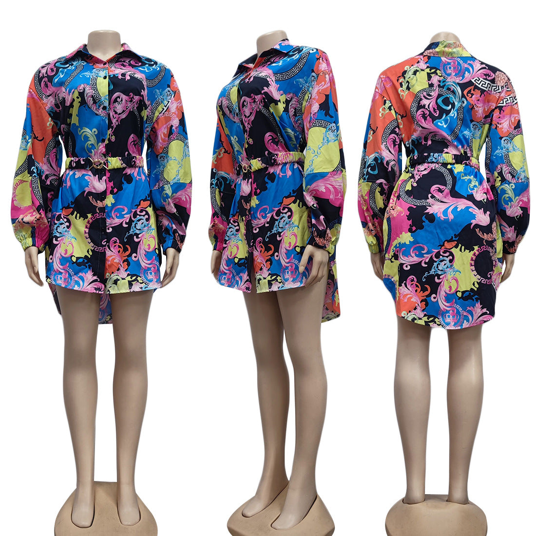 Women Fashion Casual Printed Lapel Long-Sleeve Belt Dress