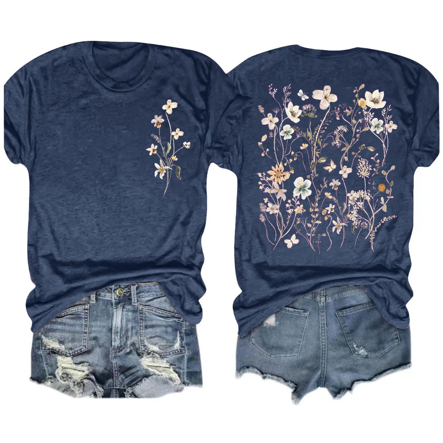 Camiseta informal de manga corta con cuello redondo y estampado floral para mujer