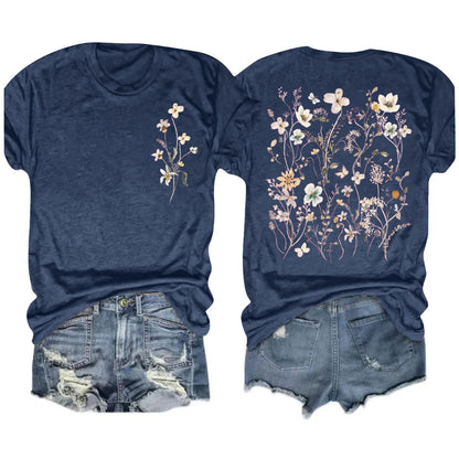 Camiseta informal de manga corta con cuello redondo y estampado floral para mujer