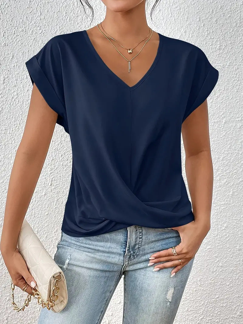Camiseta informal de verano para mujer, color liso, cuello en V, manga corta, sin mangas