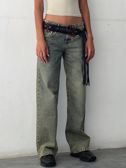 Women Fashion Casual Solid Color Straight Jeans
