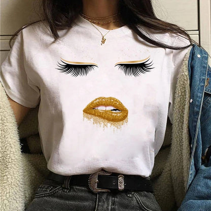Camiseta informal de manga corta con estampado de ojos para mujer
