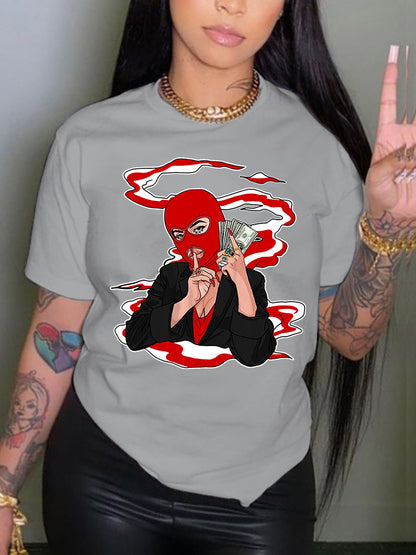 Camiseta informal holgada de talla grande para mujer, cuello redondo, manga corta, capucha, estampado gráfico "Toma dinero" para hombre