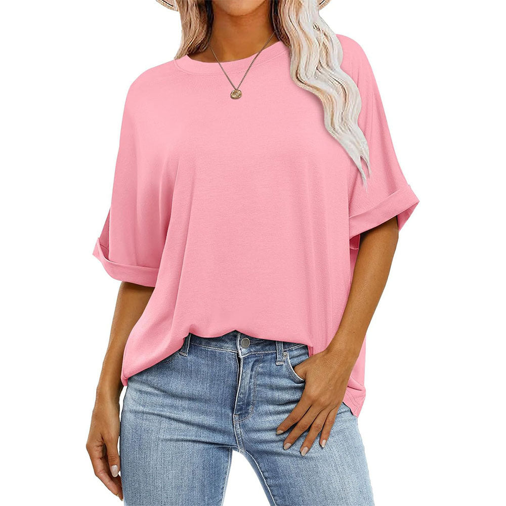 Women Casual Loose Solid Color Round Neck Short-Sleeve T-Shirt
