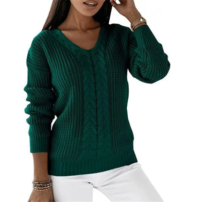 Women Fashion Casual V-Neck Long Sleeve Solid Color Knitted Sweater