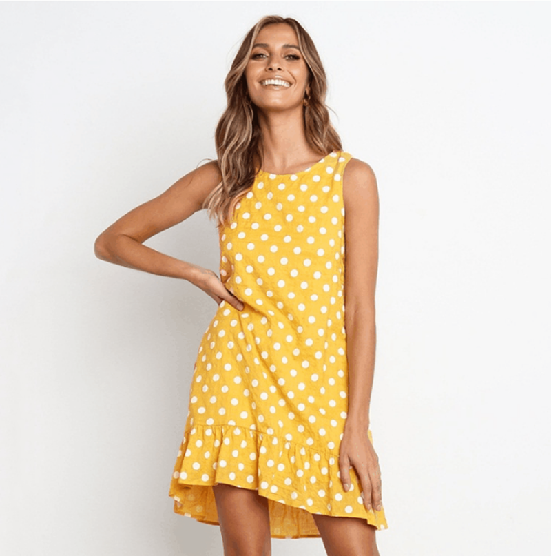 Women Bohemian Summer Polka Dot Sleeveless Ruffled Beach Mini Casual Sundress Fashion Dress