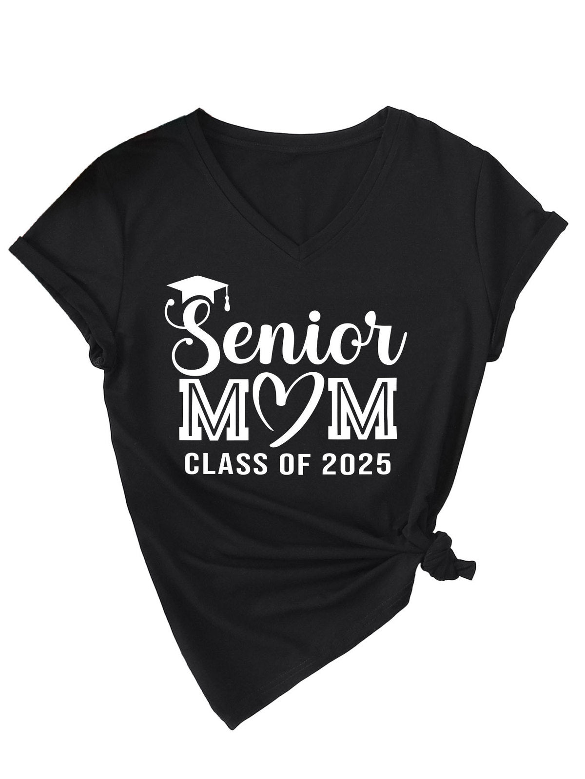 Camiseta informal de verano para mujer, color liso, con estampado de letras Mom, cuello en V y manga corta 2025