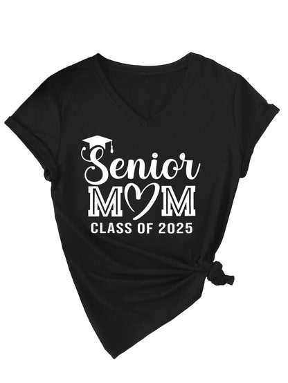 Camiseta informal de verano para mujer, color liso, con estampado de letras Mom, cuello en V y manga corta 2025