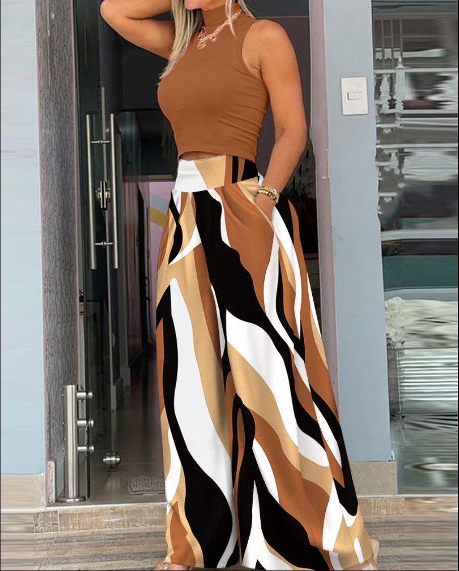 Conjunto de dos piezas de pantalón holgado estampado y top ajustado sin mangas informal a la moda para mujer