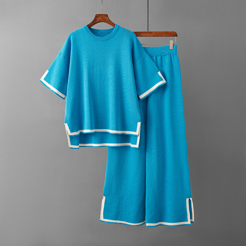 Conjunto de dos piezas de pantalones anchos de punto con contraste informal para mujer