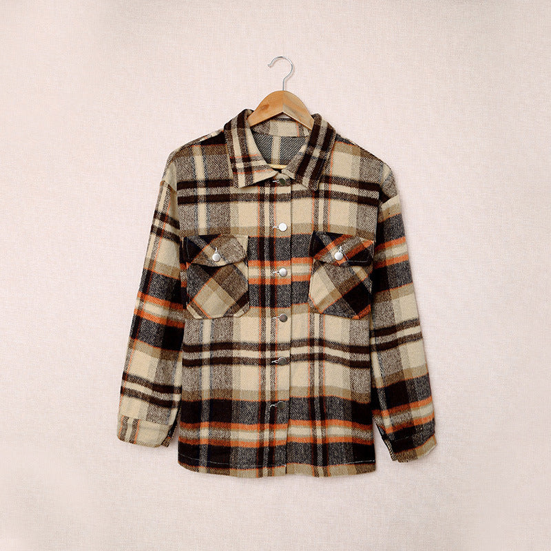 Abrigo informal con solapa y estampado a cuadros para mujer, otoño e invierno