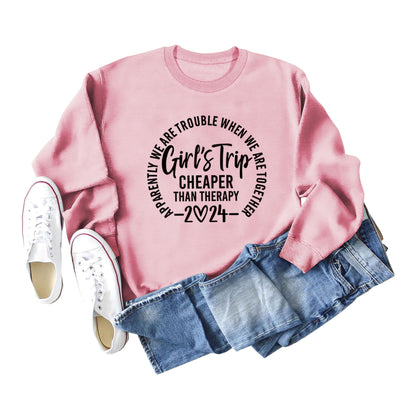 Sudadera informal de manga larga con cuello redondo y estampado de letras y eslogan de color liso para mujer 2024