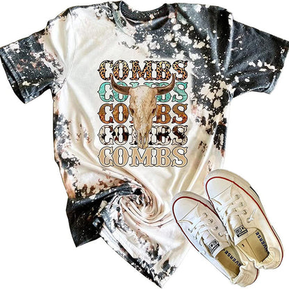 Camiseta informal de verano para mujer con estampado de cabeza de buey occidental, cuello redondo y manga corta