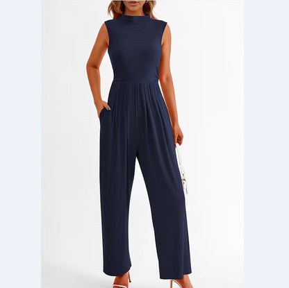 Summer Women Casual Solid Color Sleeveless Pocket Jumpsuit