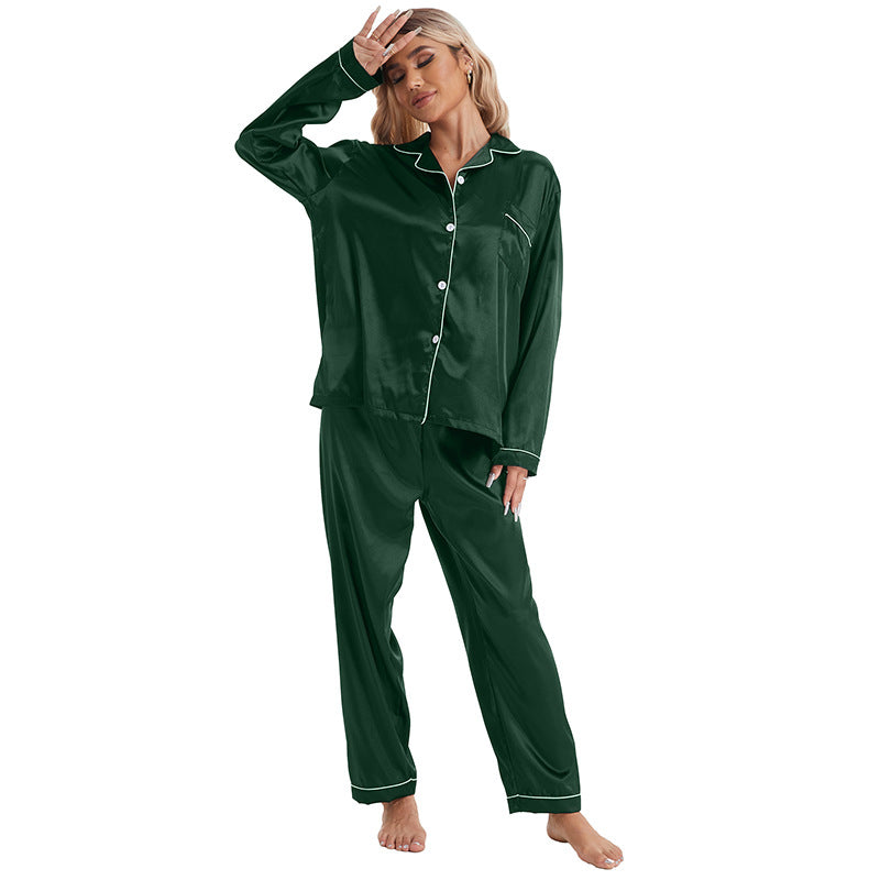 Conjunto de pijama de manga larga de seda helada con solapa informal y sencillo para mujer