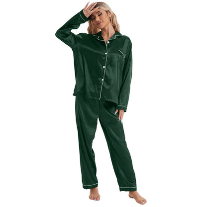 Conjunto de pijama de manga larga de seda helada con solapa informal y sencillo para mujer