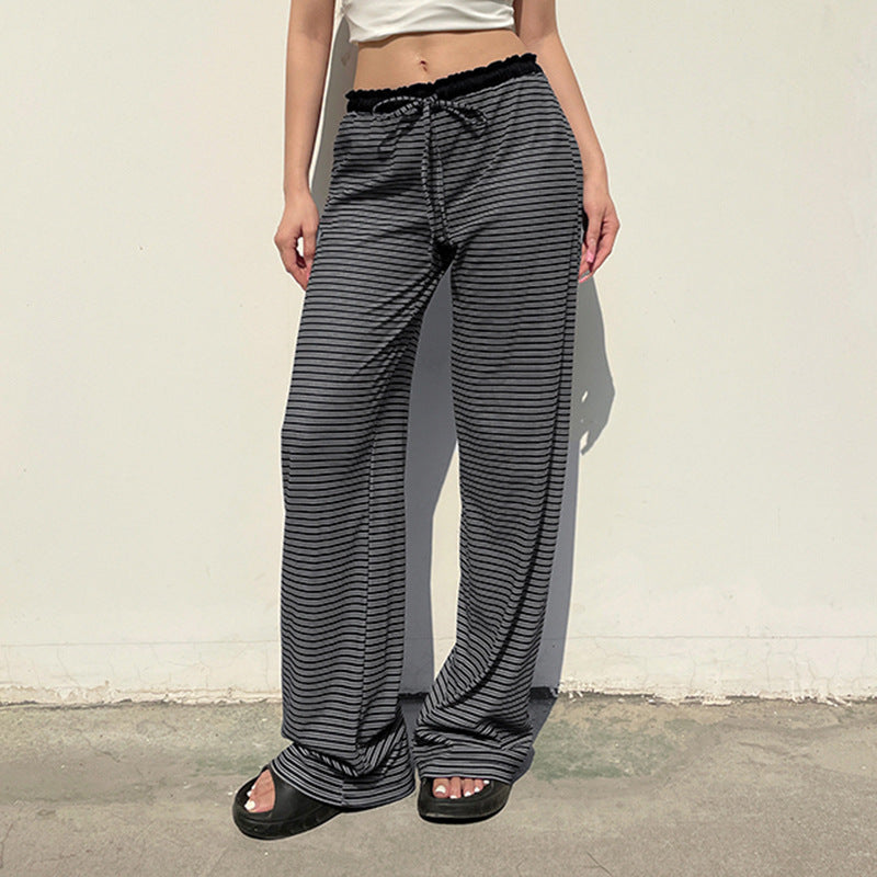 Women Fashion Casual Stripe High-Waist Lace-Up Loose Pants