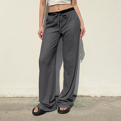 Women Fashion Casual Stripe High-Waist Lace-Up Loose Pants