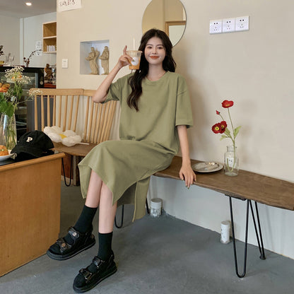 Vestido casual de manga corta de color liso para mujer