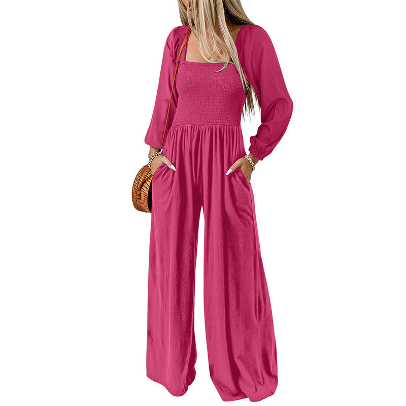 Women Fashion Casual Solid Color Square Collar Long Sleeve High Waist Wide Leg Jumpsuits