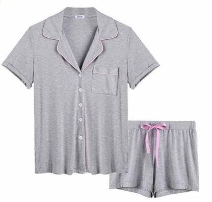 Pijama de dos piezas de verano para mujer, transpirable, informal, con solapa y manga corta.