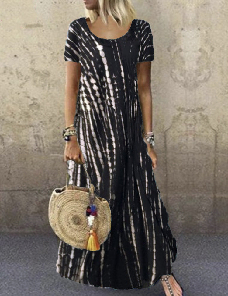 Vestido largo holgado informal de manga corta con cuello redondo y estampado tie-dye para mujer