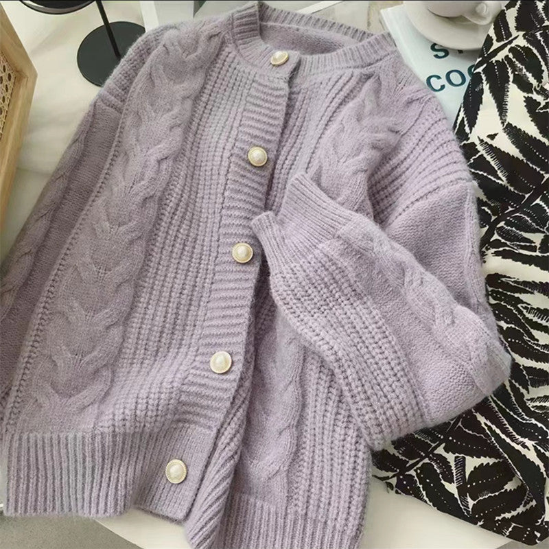Suéter tipo cárdigan liso de manga larga con cuello redondo y tejido trenzado para mujer, informal, de invierno