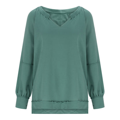 Camiseta informal holgada de manga larga con cuello en V y estampado irregular para mujer