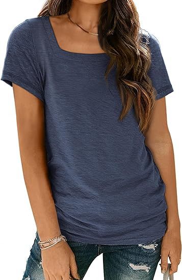 Camiseta informal de verano para mujer, con cuello cuadrado, color liso, manga corta y sin mangas