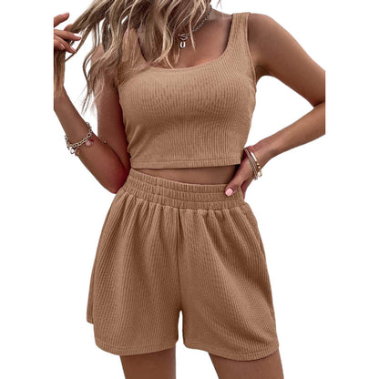 Conjunto casual de dos piezas para mujer, top y pantalones cortos de color liso