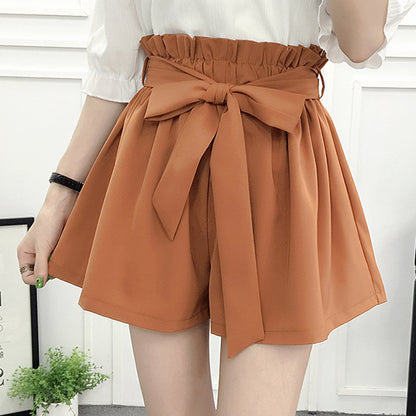 Women Fashion Casual Solid Color Lace-Up Wide-Leg Shorts