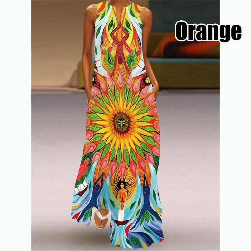 Women Plus Size Casual Fashion Boho Style Floral Heart Print Sleeveless Maxi Loose Dress