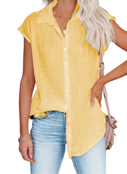 Blusa informal holgada de color liso con solapa y botonadura sencilla sin mangas para mujer
