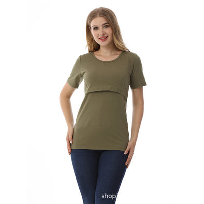 Camiseta de lactancia de color liso, informal, de manga corta, para embarazadas