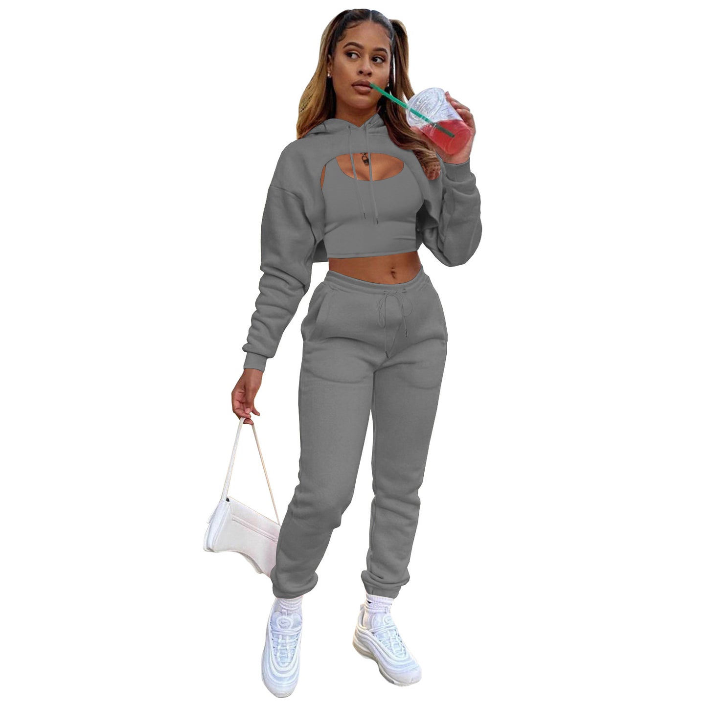 Women Casual Solid Color Long Sleeves Fleece-lined Hooded Top And Drawstring Waist Jogger Sweatpants With Tank Top Three Pieces Set
