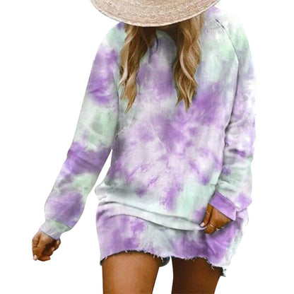 Women Fashion Casual Tie-Dye Printed Loose Long Sleeve Dress