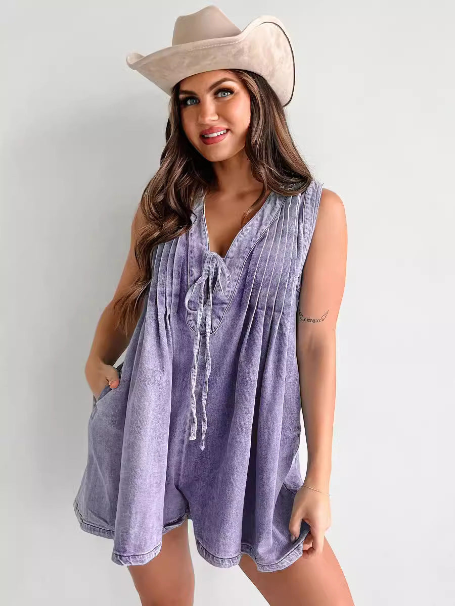 Women Fashion Casual Solid Color V-Neck Sleeveless Loose Denim Rompers