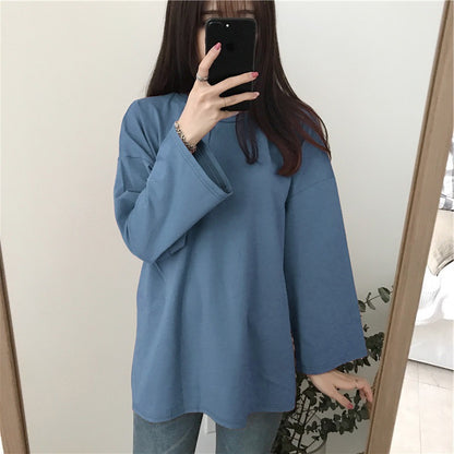 Camiseta informal de manga larga con cuello redondo y color liso para mujer