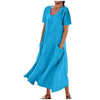 Women Casual Solid Color Cotton Linen Round Neck Short Sleeve Loose Dress