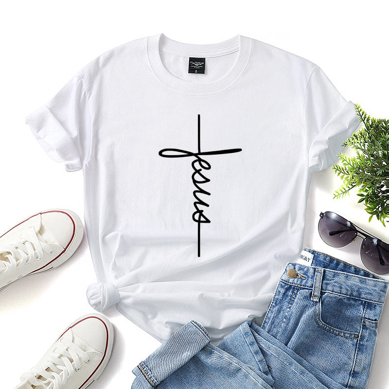 Peace Women Casual Letter Faith Print Short-sleeved Round Neck Loose Colored T-shirt