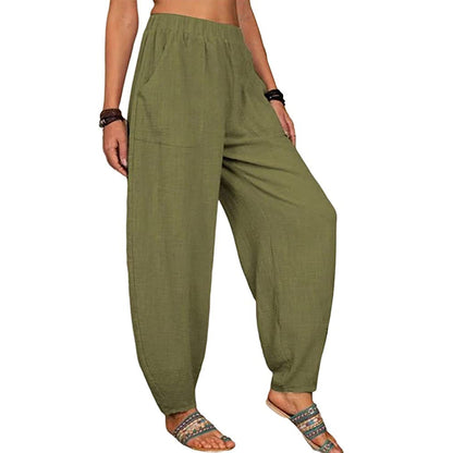 Women Fashion Casual Cotton Linen Solid Color Loose Harem Pants