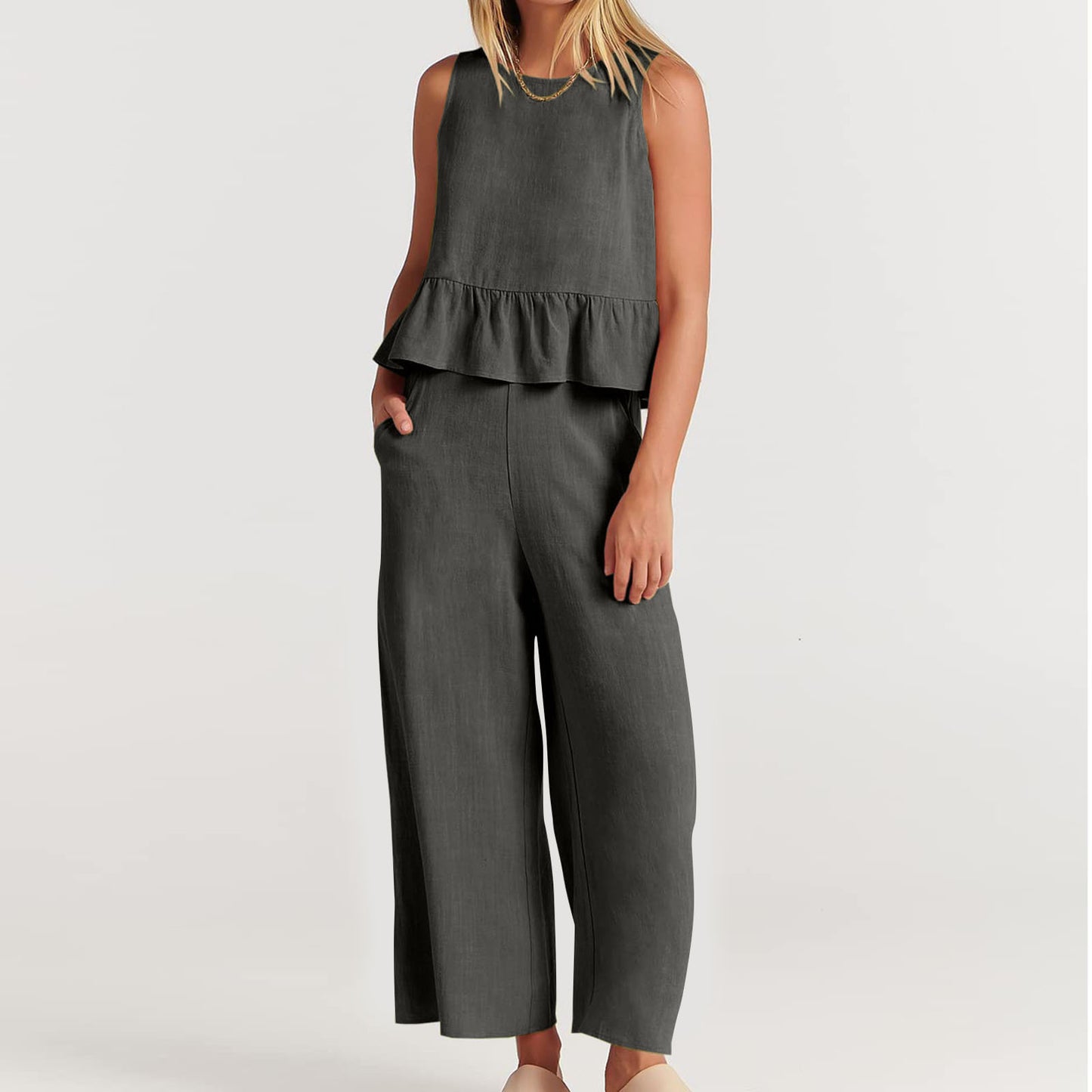 Conjunto de pantalón holgado sin mangas con volantes informales de color liso para mujer