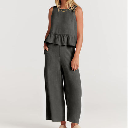 Conjunto de pantalón holgado sin mangas con volantes informales de color liso para mujer