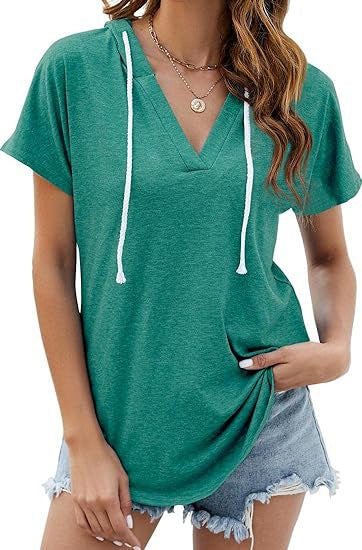 Camiseta holgada informal de manga corta con cuello en V y color liso para mujer