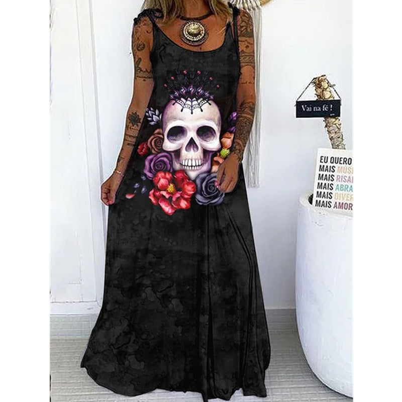 Vestido largo con estampado floral y calavera gótica informal de Halloween para mujer