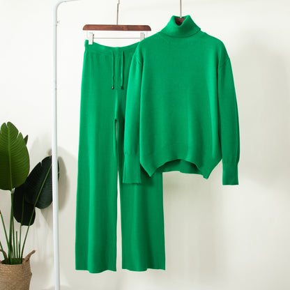 Suéter de punto de cuello alto de color liso para mujer, conjunto de dos piezas con pantalones anchos informales para otoño e invierno