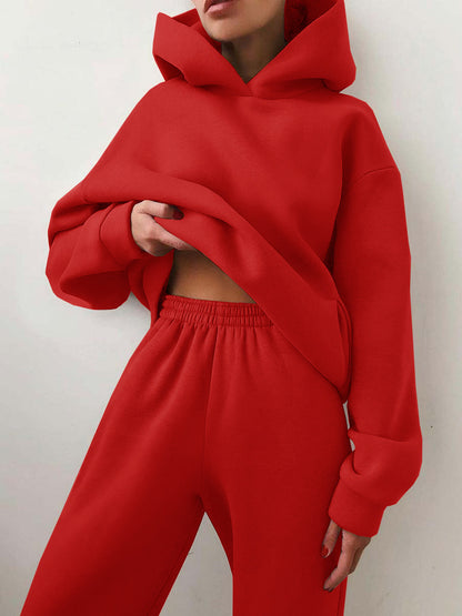 Conjunto de dos piezas de sudadera y pantalón de manga larga grueso de color liso para mujer, informal, de invierno